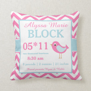 Bird Pink Blue Baby Announcement Pillow