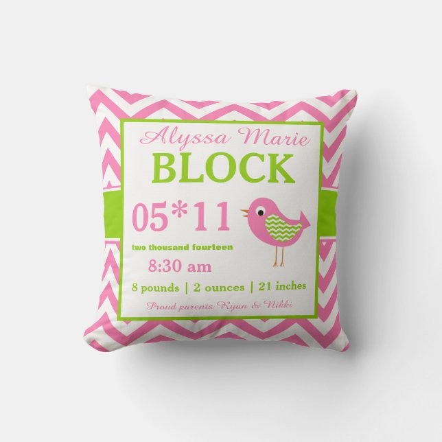 Bird Pink Green Baby Announcement Pillow (Front)