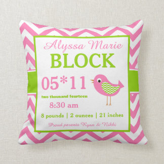 Bird Pink Green Baby Announcement Pillow