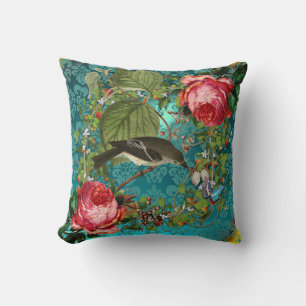 BIRD, PINK ROSES BUTTERFLIES AQUA BLUE,TEAL DAMASK CUSHION