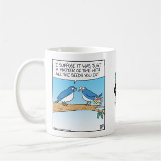 Bird pooping flowers coffee mug