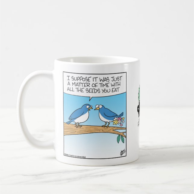 Bird pooping flowers coffee mug (Left)
