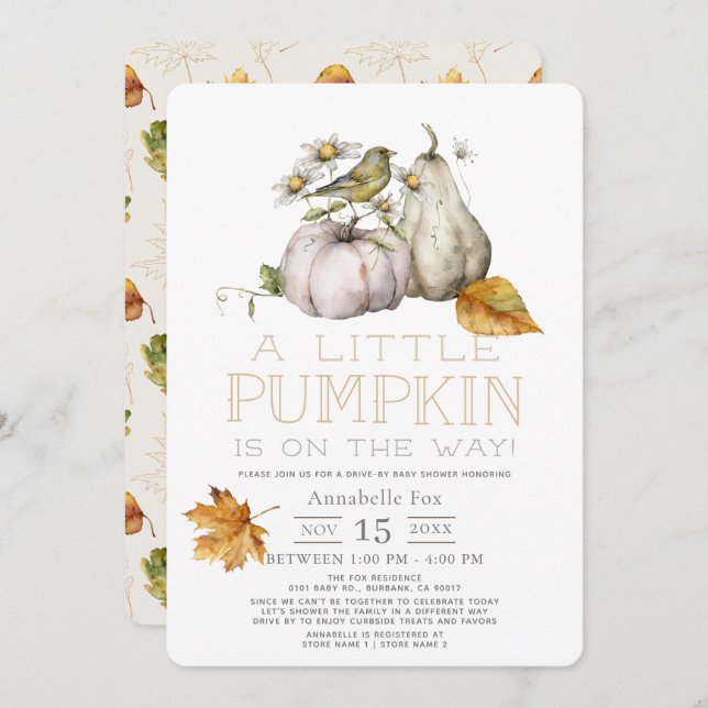 Bird Pumpkin Fall Watercolor Drive-by Baby Shower Invitation (Front/Back)