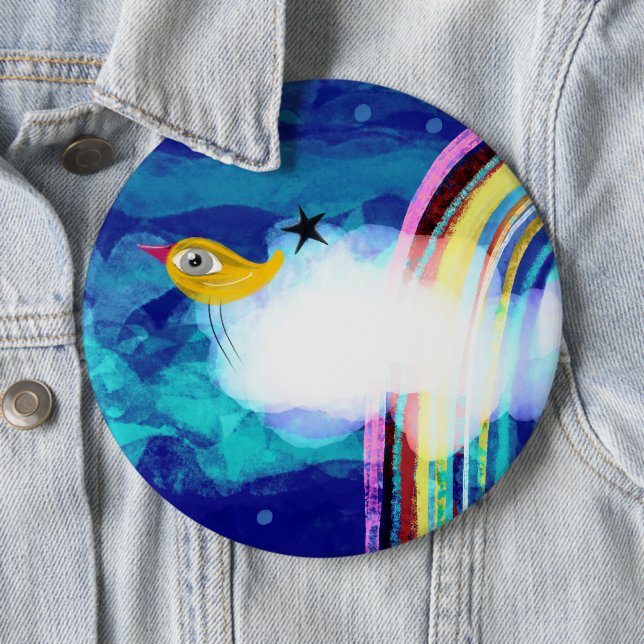 Bird rainbow blue sky 6 cm round badge (In Situ)