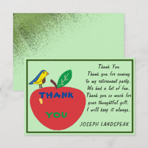 Bird & Red Apple & Green Glitter Retirement Thanks Card