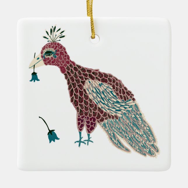 Bird Red with blue flowers Ceramic Ornament (Front)