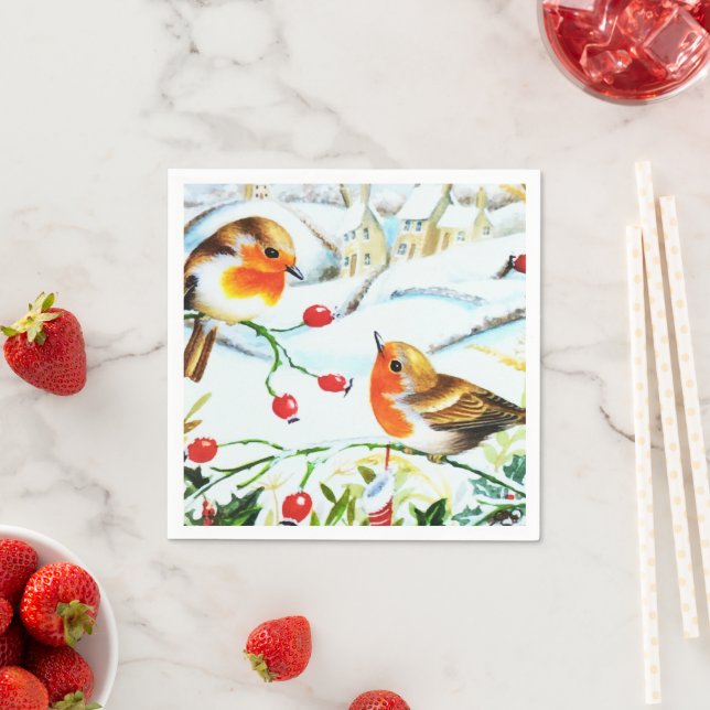 Bird Robin Couple Winter Holly Christmas Napkin (Insitu)