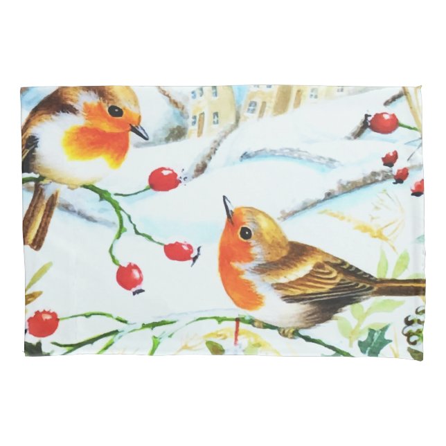 Bird Robin Couple Winter Holly Christmas Pillowcase (Front)