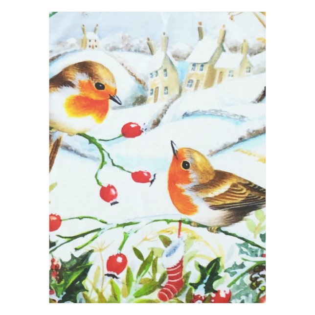 Bird Robin Couple Winter Holly Christmas Tablecloth (Front)