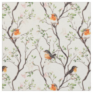 Bird Robin Floral vines watercolour botanical stem Fabric