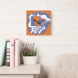 Bird’s Nest - Orange Periwinkle  Square Wall Clock