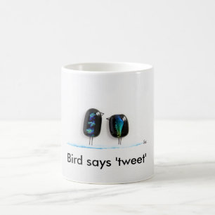 Bird says tweet - fun love birds in blue glass coffee mug