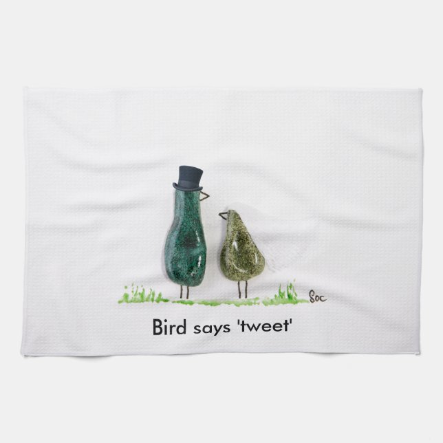 Bird says 'tweet' tea towel (Horizontal)