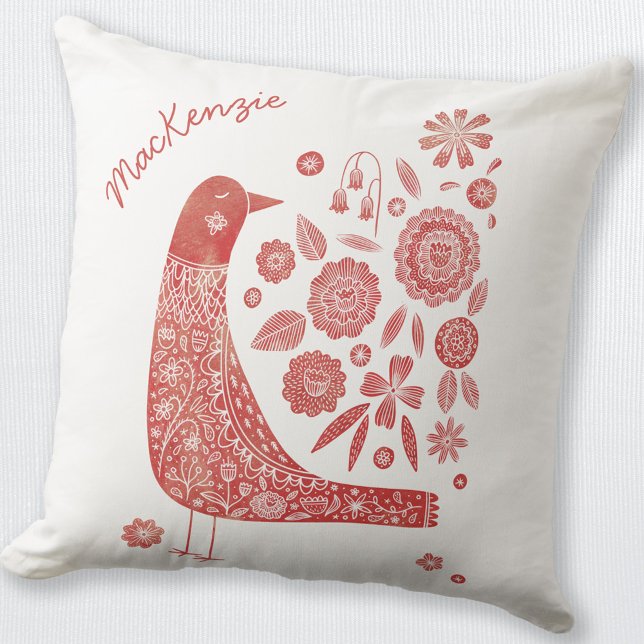 Bird Scandinavian Red White Personalised Cushion (Red and white personalized custom name folk art Scandinavian bird and flower throw pillow)