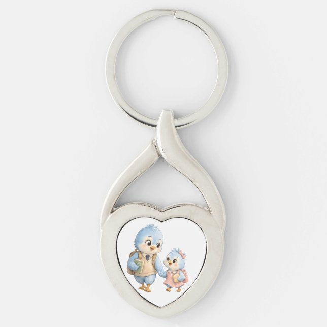 Bird Siblings Heart Metal Keychain (Front)