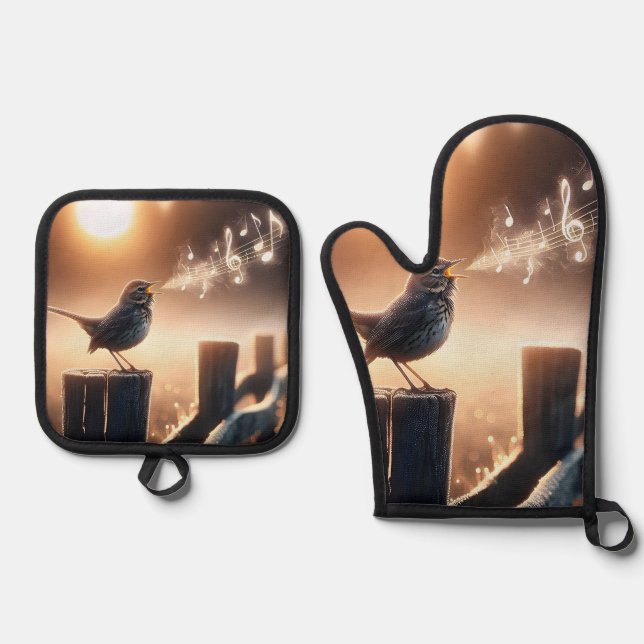 Bird Singing A Song On A Fencepost Oven Mitt & Pot Holder Set (Front)