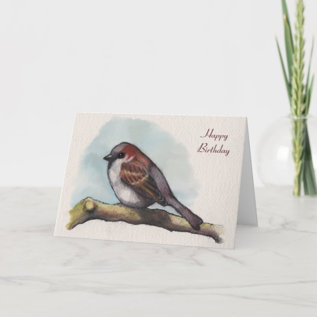 Bird, Sparrow: Watercolor Painting, Birthday Card (Front)