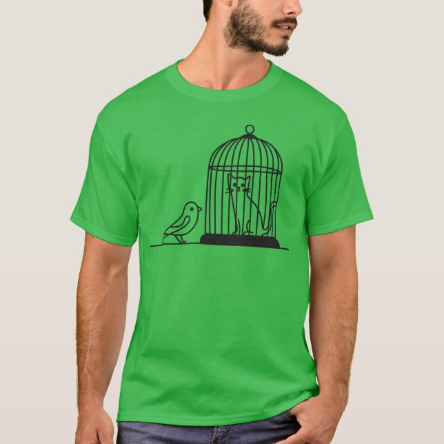 Bird Staring At Cat In Bird Cage 1 Colour Vector f T-Shirt (Front)