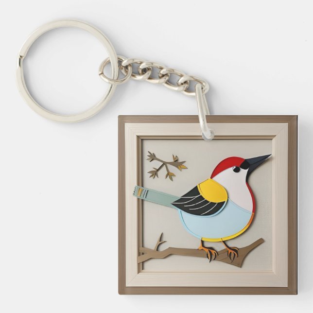 Bird Stylised Paper Artwork Key Ring (Front)