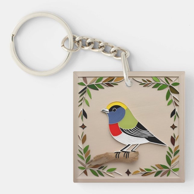 Bird Stylised Paper Artwork Key Ring (Front)