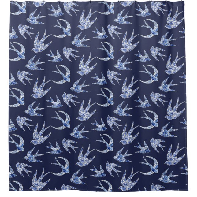 Bird Swallow Floral Navy White Vintage Chinese Shower Curtain (Front)