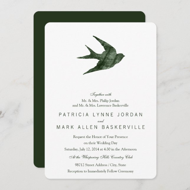 Bird Swallow (Letterpress Style) Invitation (Front/Back)