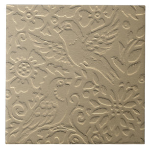 Bird Tan Clay Flowers Embossed Art+Nouveau Nature Ceramic Tile