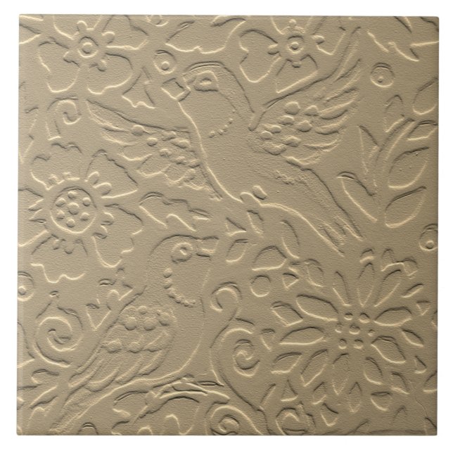 Bird Tan Clay Flowers Embossed Art+Nouveau Nature Ceramic Tile (Front)