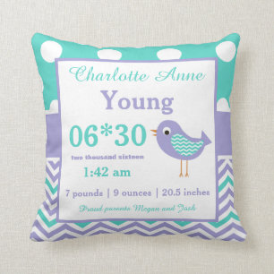 Bird Teal Purple Baby Announcement Pillow
