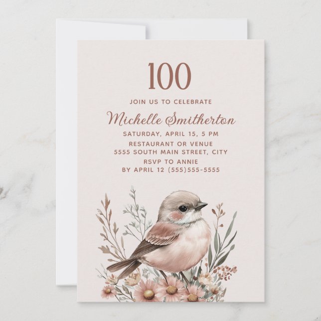 Bird Terracotta Pink 100th Birthday Invitation (Front)