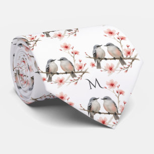 Bird Theme on Branches Monogram Watercolor Tie