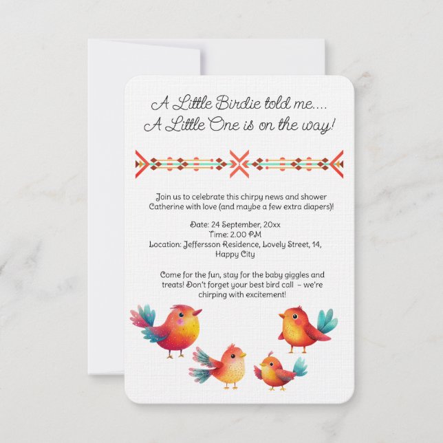 Bird-Themed Baby Shower Cute Watercolor Invitation (Front)