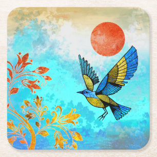 Bird Tree Sun Square Paper Coaster