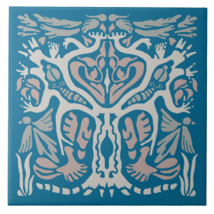 Bird Tree Symmetrical Nature Design Blue Ceramic Tile
