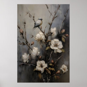 Bird Trees Antique Oil Painting, Vintage Poster