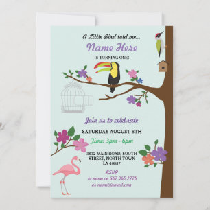Bird Tucan GirI Birthday Mint Twins Invite