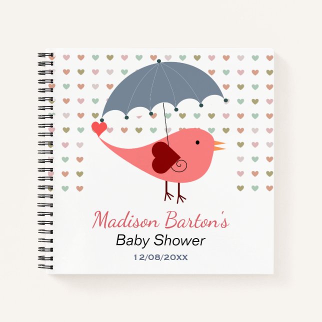 Bird Under Umbrella Raining Hearts Baby Shower Notebook (Front)