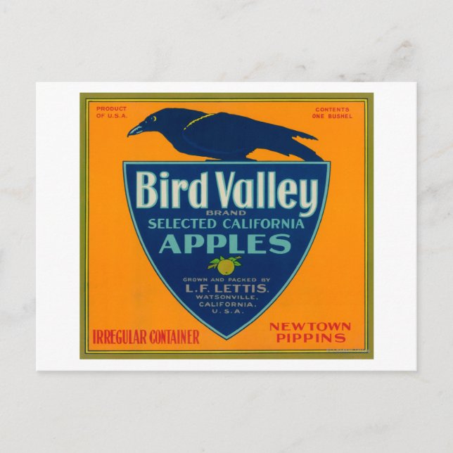 Bird Valley Apple Crate LabelWatsonville, CA Postcard (Front)