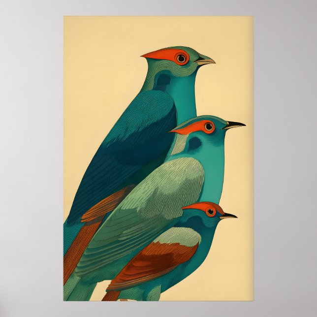Bird Wall Art Print Stylised Trio - Colourful (Front)
