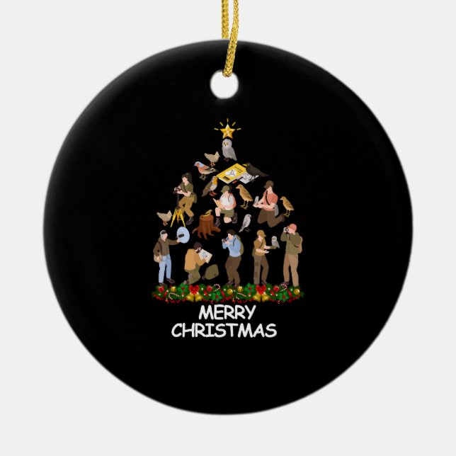 Bird Watching Christmas Tree Merry Christmas Ceramic Ornament (Front)