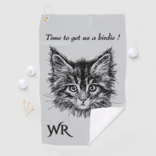 Bird Watching Kitten Face Funny w Monogram grey Golf Towel