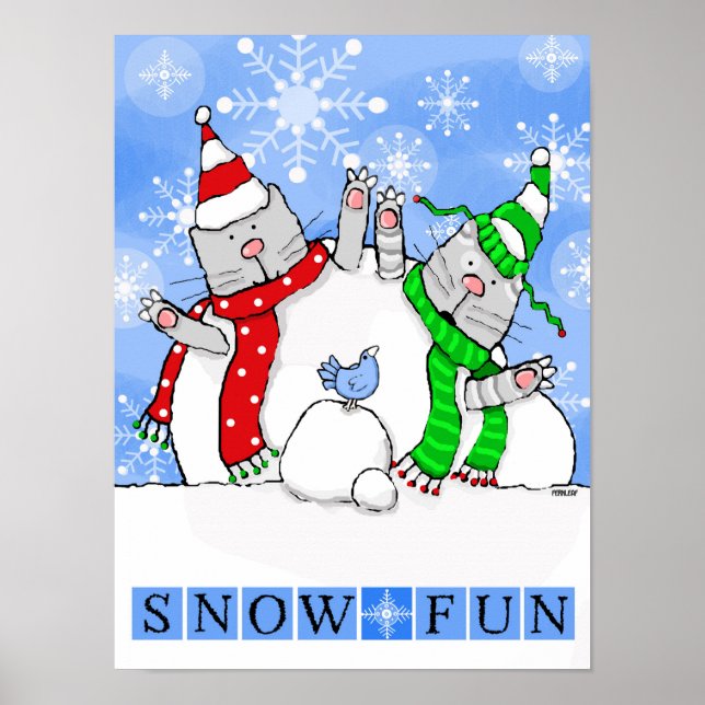 Bird Watching Two Cats Try to Build Snowman Poster (Front)