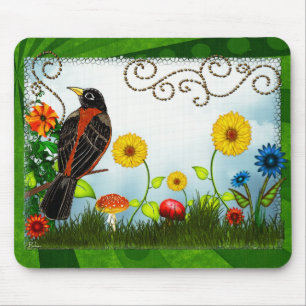 Bird Watching Whimsical Folk Art Mouse Pad