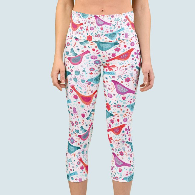 Bird Watercolor Pattern Capri Leggings (Watercolor bird and flower leggings)