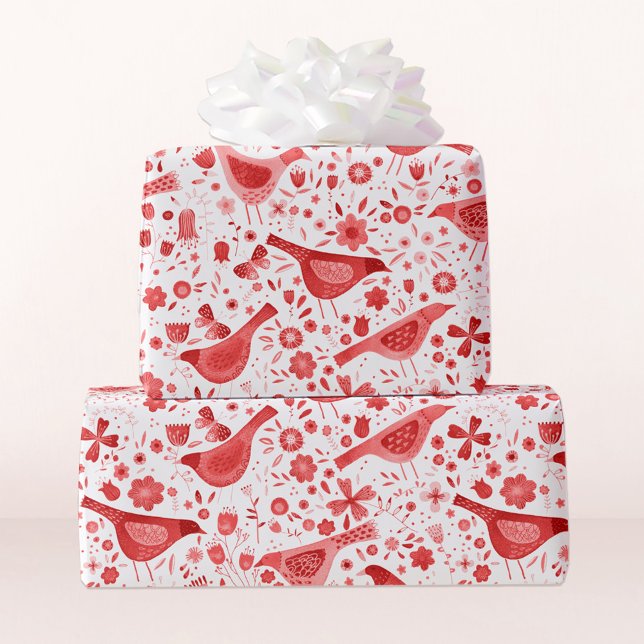 Bird Watercolor Red Christmas Holidays Wrapping Paper (Pretty red and white watercolor bird and flower art gift wrapping paper)