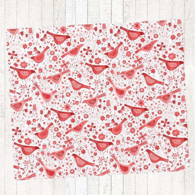 Bird Watercolor Red Fleece Blanket (Red and white watercolor bird pattern art fleece blanket)