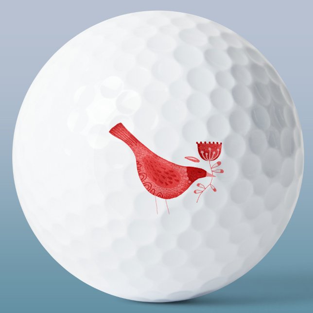 Bird Watercolor Red Golf Balls (Watercolor bird and flower red art golf ball)
