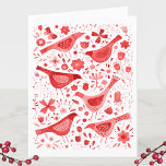 Bird Watercolor Red Holiday Card<br><div class="desc">Festive red watercolor birds and flowers on a white background.  You can change the greeting and names inside to personalise.  Original art by Nic Squirrell.</div>
