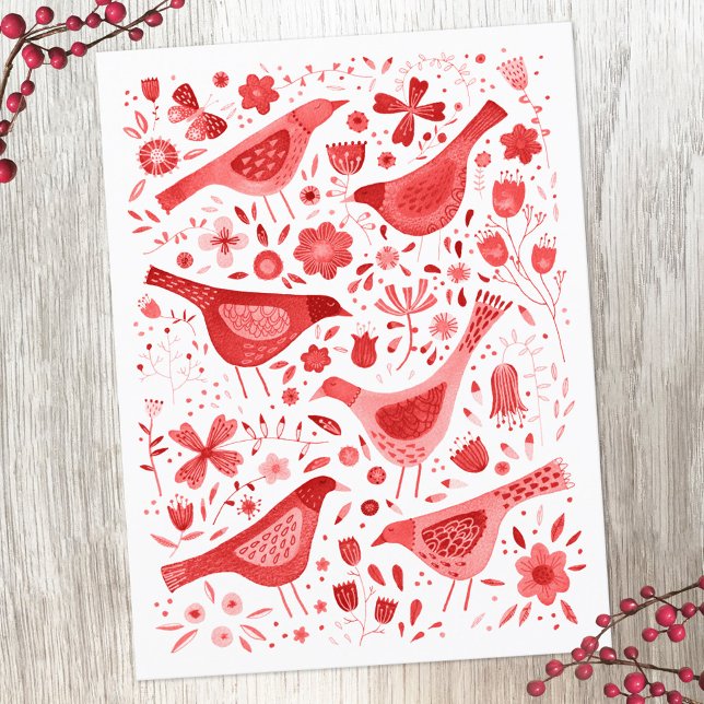 Bird Watercolor Red Holiday Postcard (Red and white watercolor bird holiday postcard)