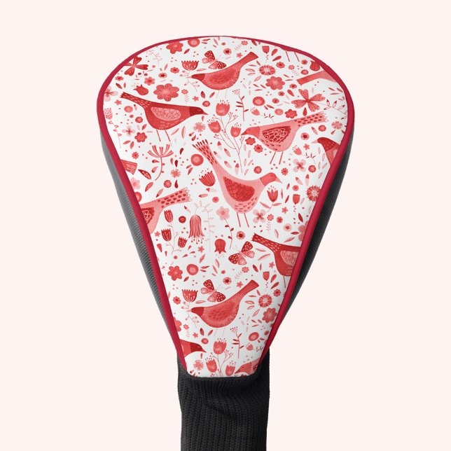 Bird Watercolor Red White Golf Head Cover (Red and white watercolor bird pattern golf head cover)